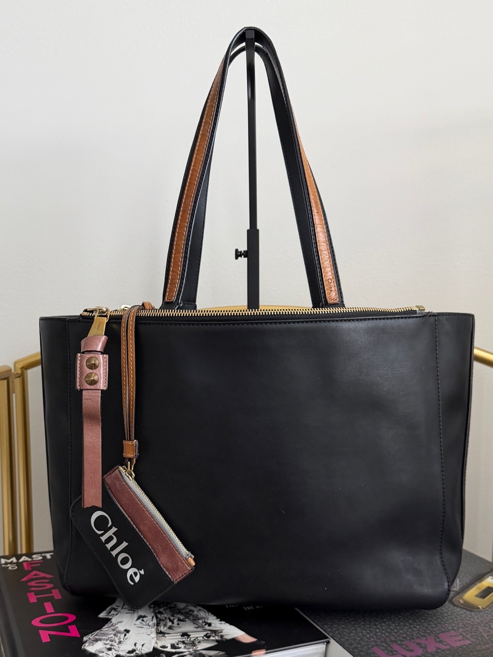 Chloe Black Leather Tote Bag with Brown Trim